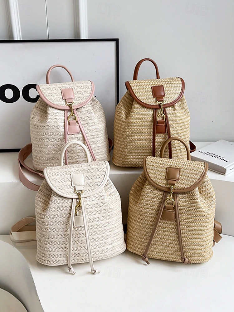 Straw Backpack for Women – Boho Woven Rattan Travel Bag with Leather Straps, Chic Summer Beach Rucksack, Casual Vacation & Daily Use Handbag White Pink Brown