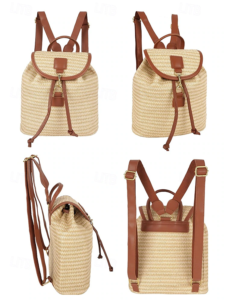 Straw Backpack for Women – Boho Woven Rattan Travel Bag with Leather Straps, Chic Summer Beach Rucksack, Casual Vacation & Daily Use Handbag White Pink Brown